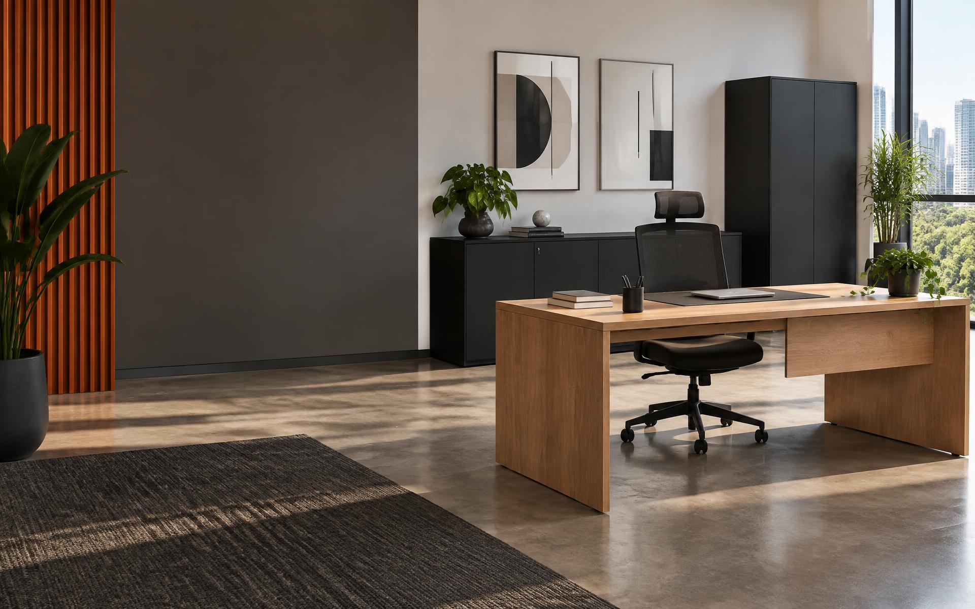 Escritório contemporâneo equipado com móveis Realce